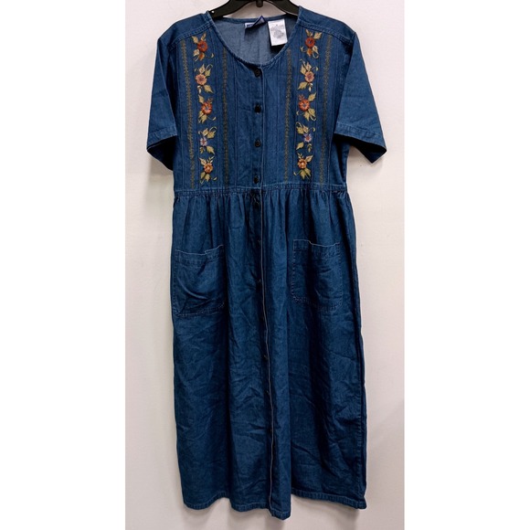 Erika & Co. Dresses & Skirts - VTG 90s Erika & Co Denim Maxi Dress Womens Medium Blue BOHO Floral Embroidered
